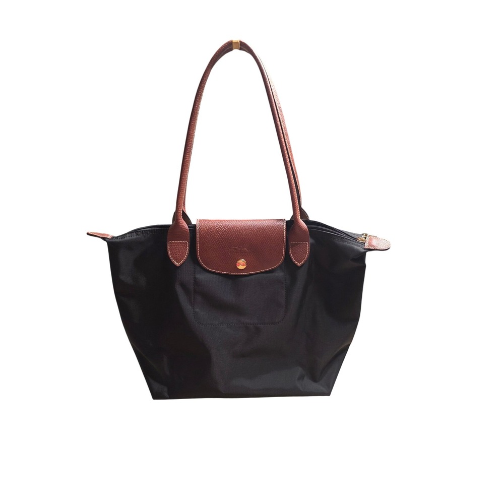 Longchamp Le Pliage Small Black Nylon Brown Leather Foldable Tote Handbag